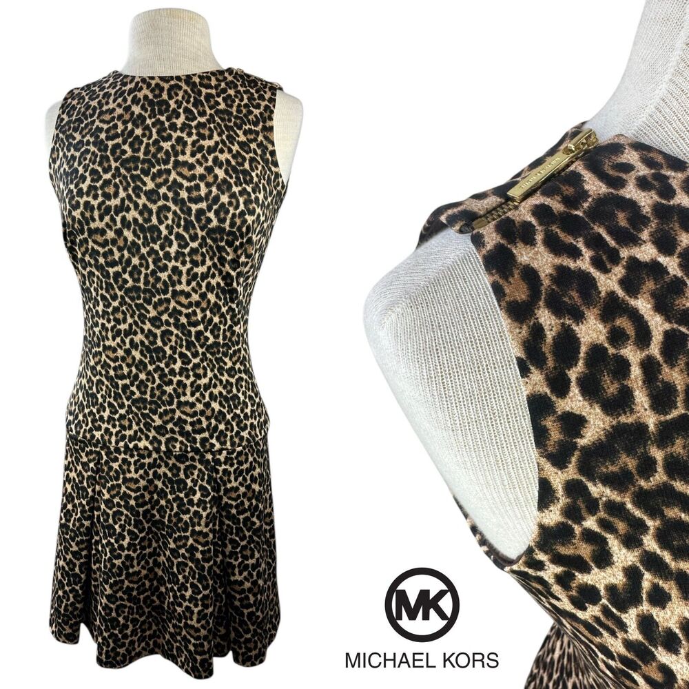 Michael Kors Leopard Print Dress Sleeveless Pleated Skirt Zipper Shoulder Size 2 - Picture 1 of 16